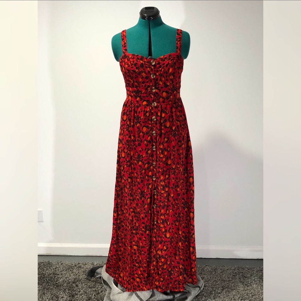 Red maxi button up leopard dress